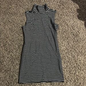 Striped Sleeveless Turtleneck Dress - Black and White
